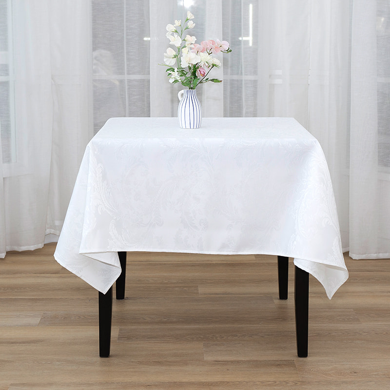 Weiße rechteckige Jacquard-Tischdecke mit Krokusblüten, 150 x 150 Zoll