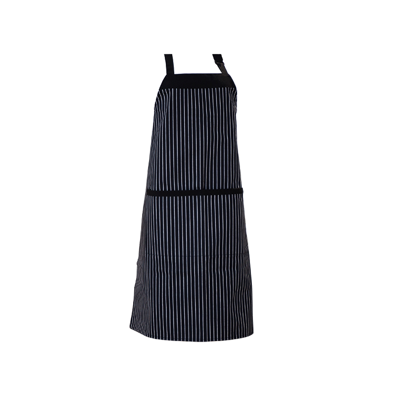 Schwarz-weiß gestreifte Halsschürze aus Polyester/Baumwolle mit Taschen und verstellbaren Knöpfen