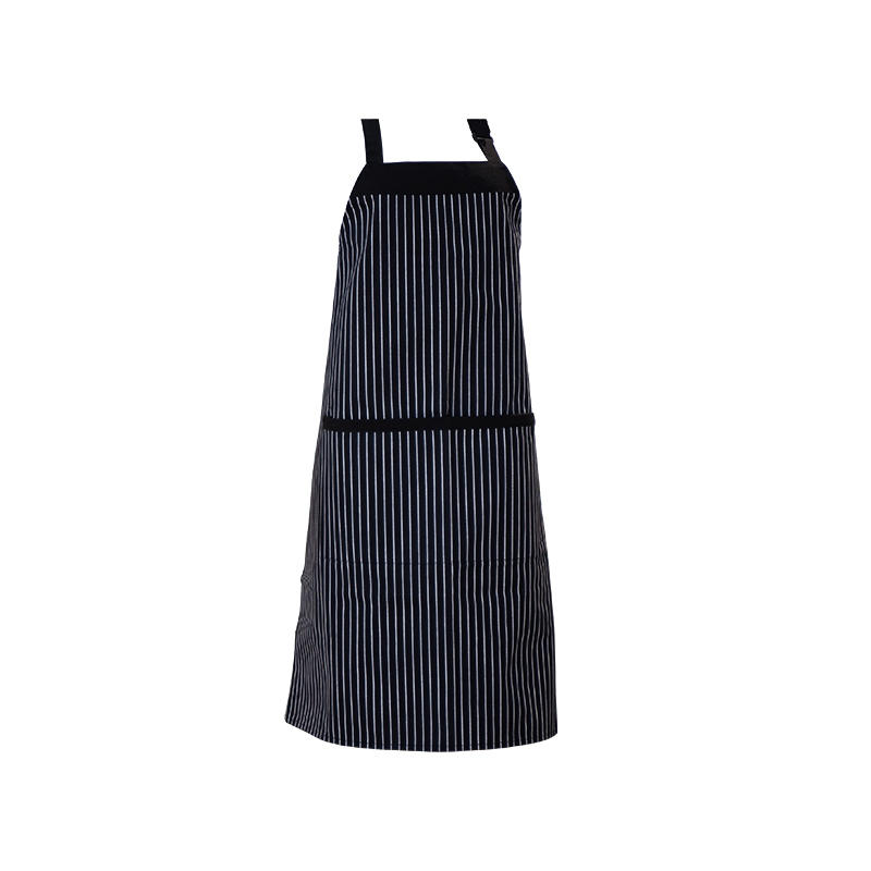 Schwarz-weiß gestreifte Halsschürze aus Polyester/Baumwolle mit Taschen und verstellbaren Knöpfen