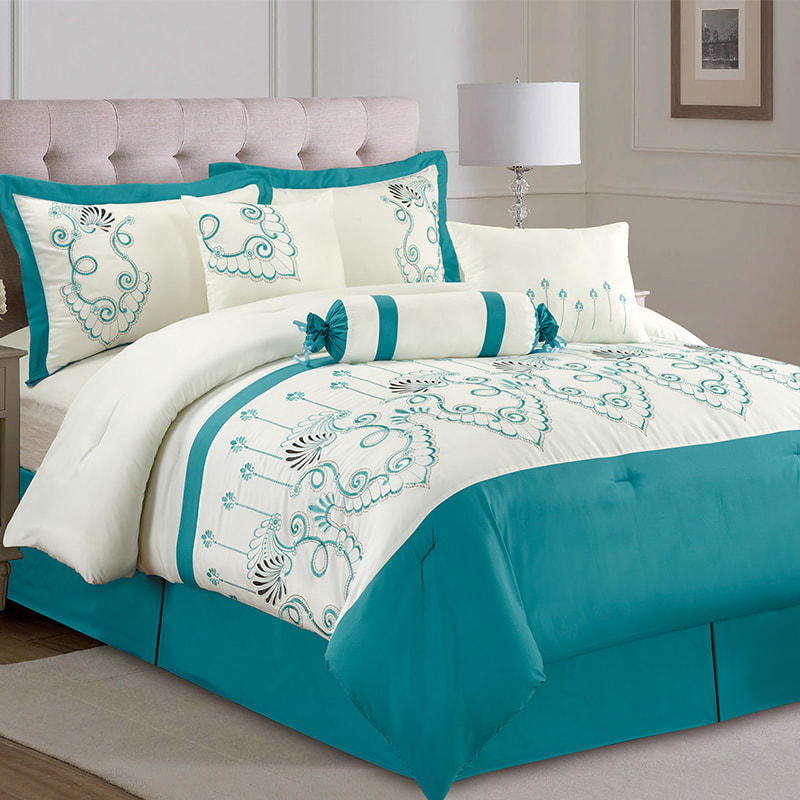 Joan Lake Blau auf Weiß besticktes Bettwäscheset aus gebürstetem Stoff