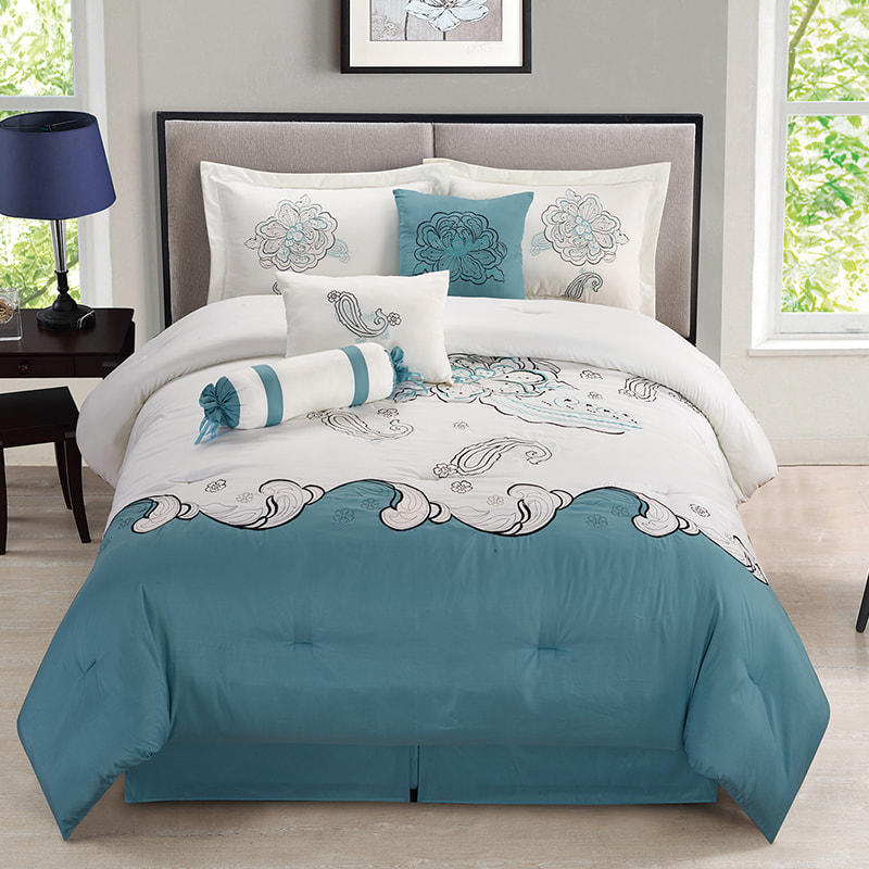 Gemma-Bettwäscheset aus gebürstetem und weißem Stoff mit Stickerei in Blau und Weiß